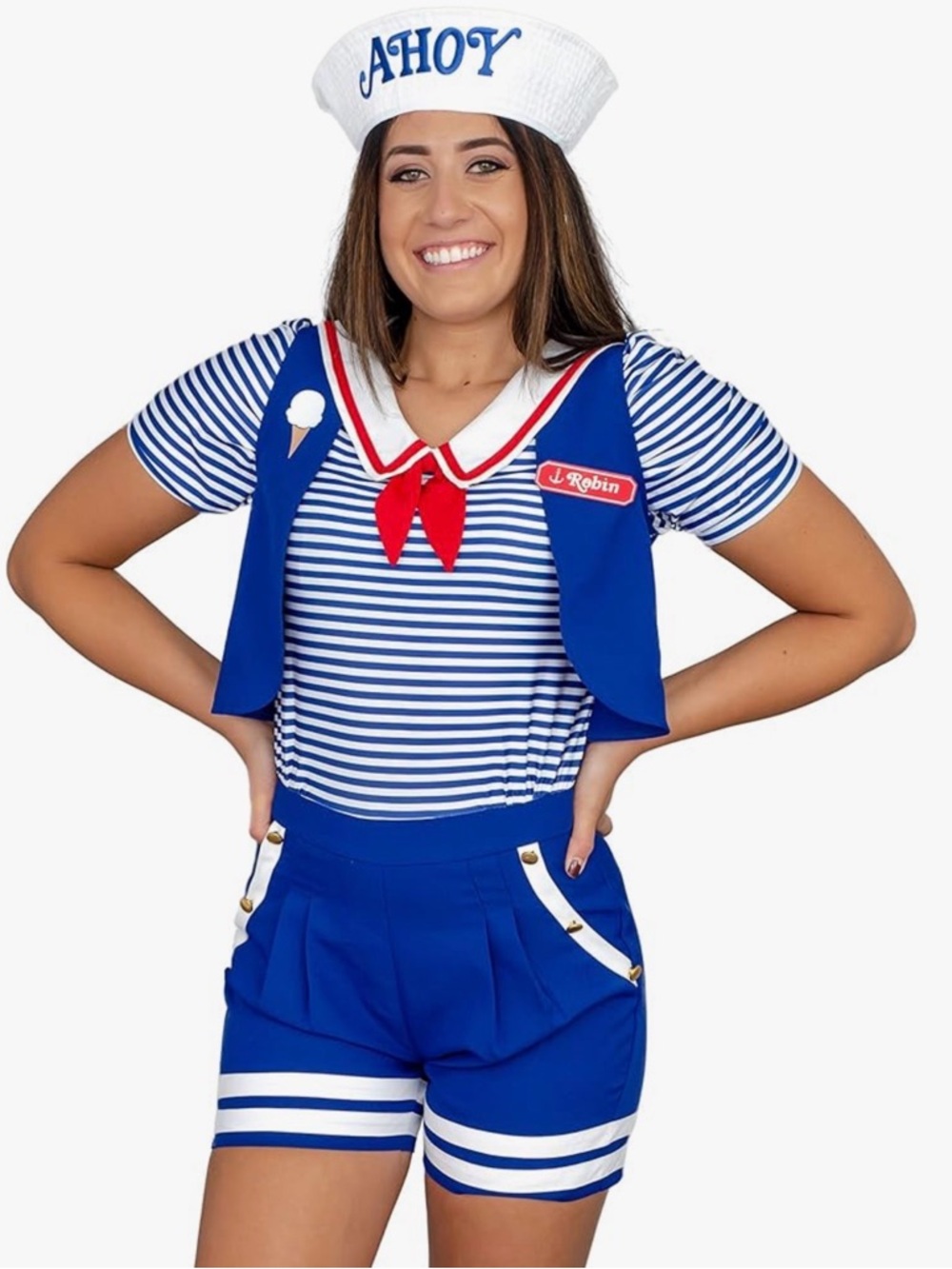 Scoops Ahoy Stranger Things Robin Blue & White Sailor Romper with Red Tie